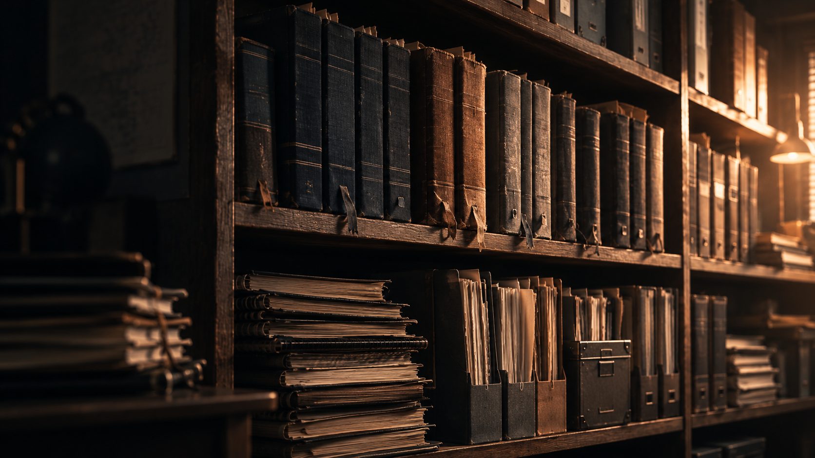 Shelves of a business’s ledgers and records in low warm light.